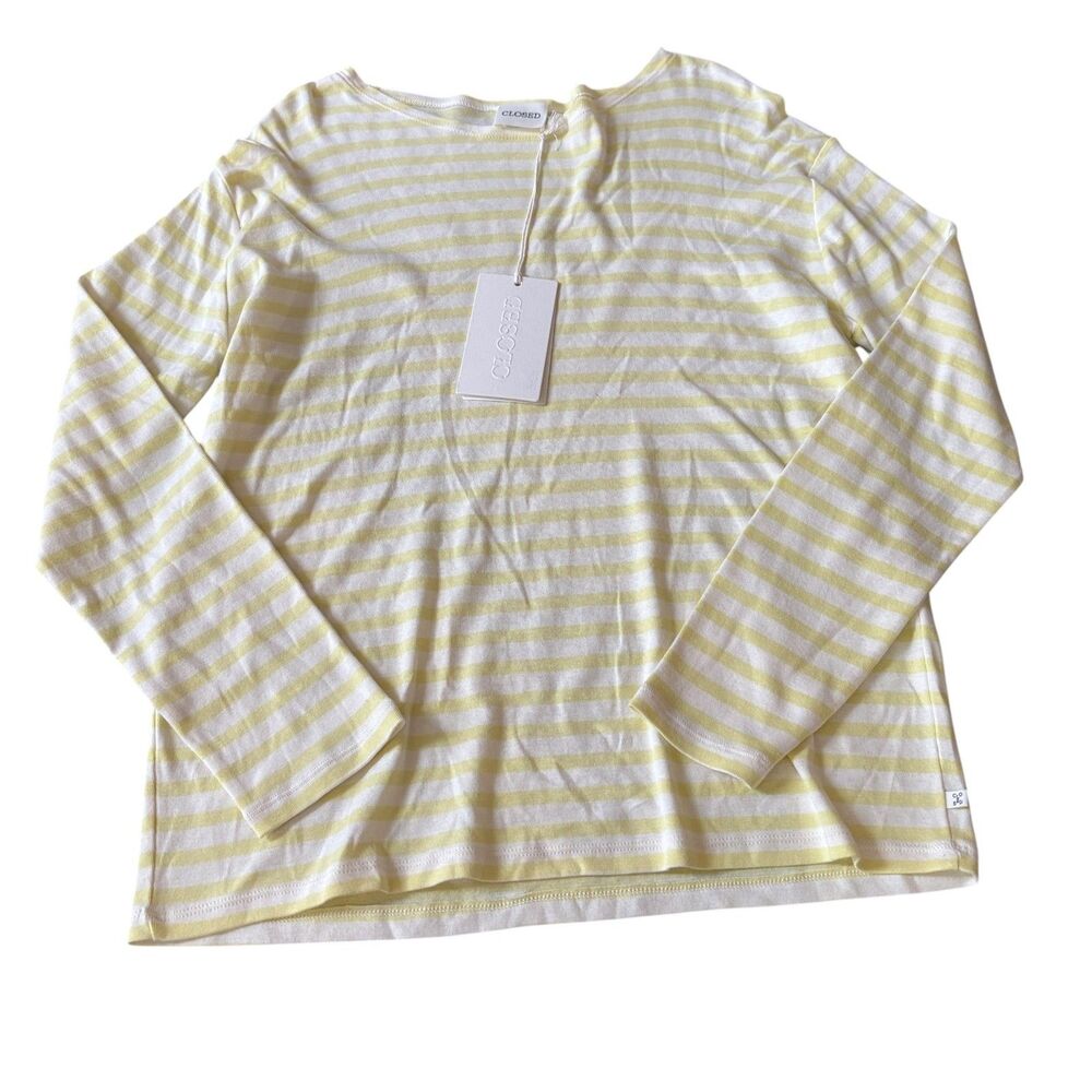Closed T-Shirt Womens XS Yellow White Striped Classic Long Sleeve Round Neck
